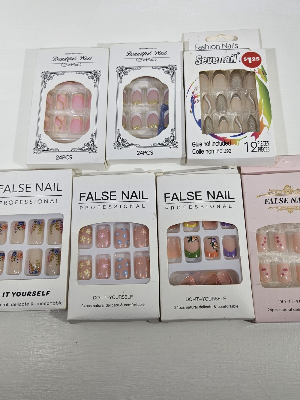 7 Sets Assorted Pink False Nails Set by (Unknown Brand) - 24PCS